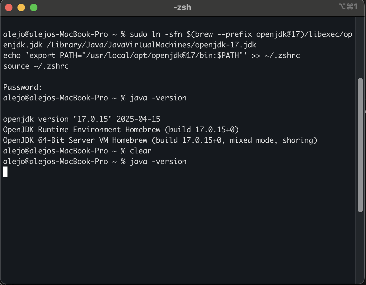 Terminal mostrando la versión de Java instalada, texto visible: openjdk version 17.0.2 2022-01-18, ambiente de desarrollo en macOS, tono informativo y neutral